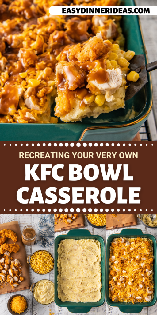 KFC Casserole being served with a spatula and three images of casserole being prepared.