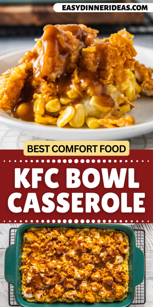 A serving of casserole on a plate and a kfc casserole in serving dish on a cooling rack.