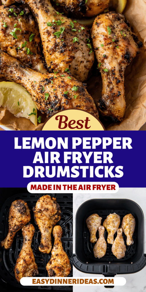 Lemon Pepper chicken drumsticks on parchment paper and in an air fryer cooking.