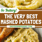 Mashed potatoes in a bowl and on a plate with chives on top.