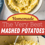 Mashed potatoes in a bowl with butter on top and mashed potatoes in a bowl being mashed.
