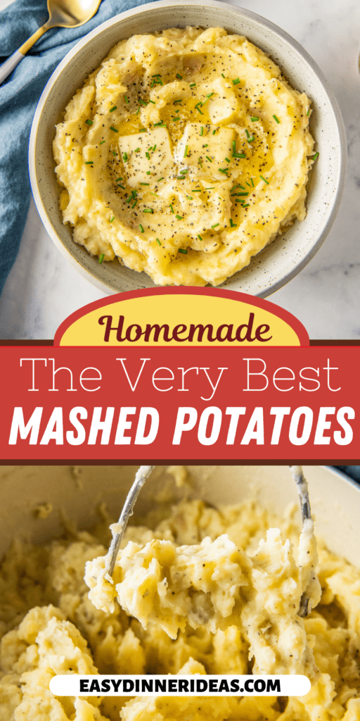 Mashed potatoes in a bowl with butter on top and mashed potatoes in a bowl being mashed.