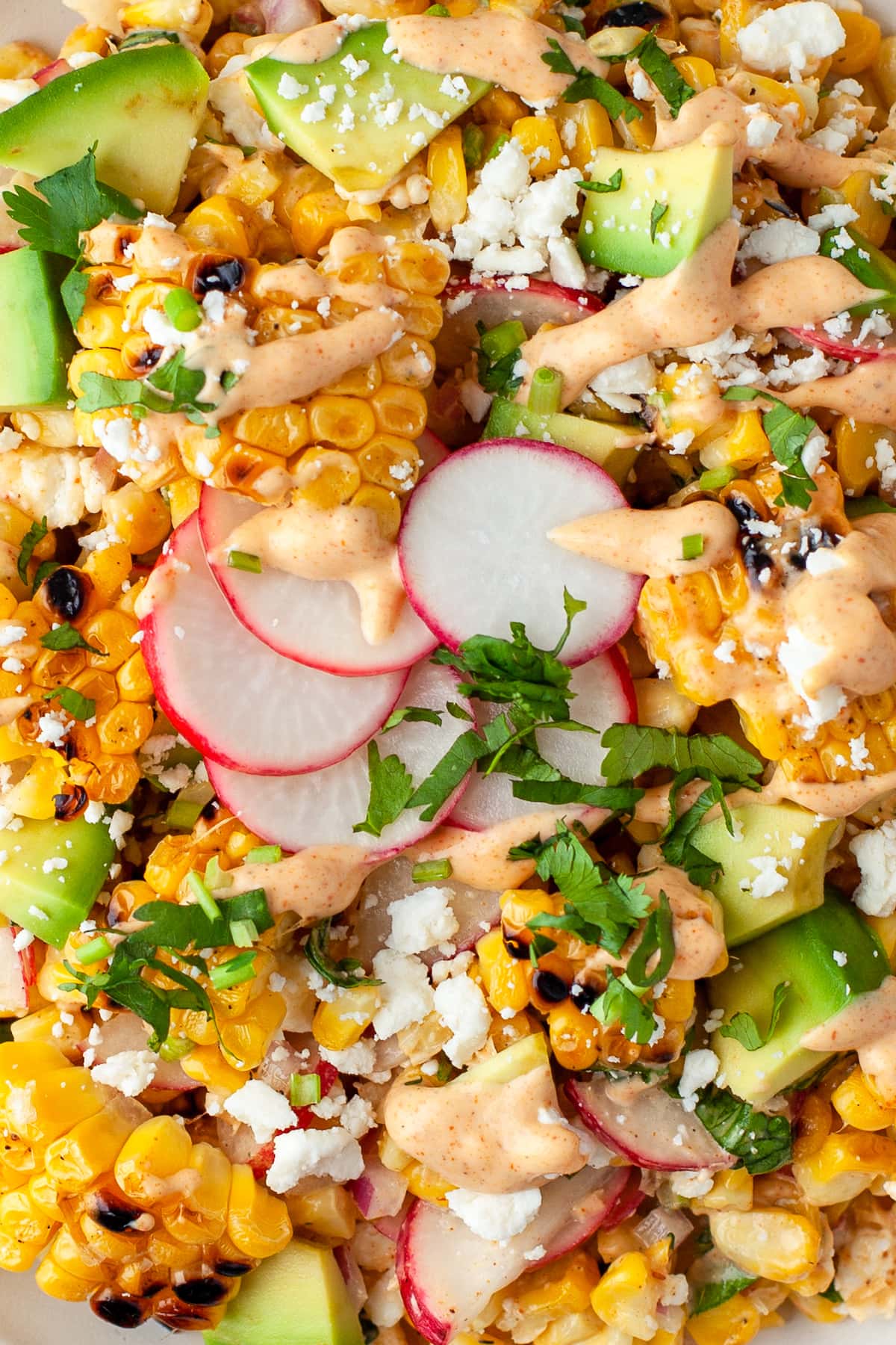 close up of Street Corn Salad with corn, avocado, cilantro, radishes, and crumbled cheese