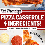 Pizza casserole in a white casserole dish, ingredients for casserole and a slice of casserole on a plate.