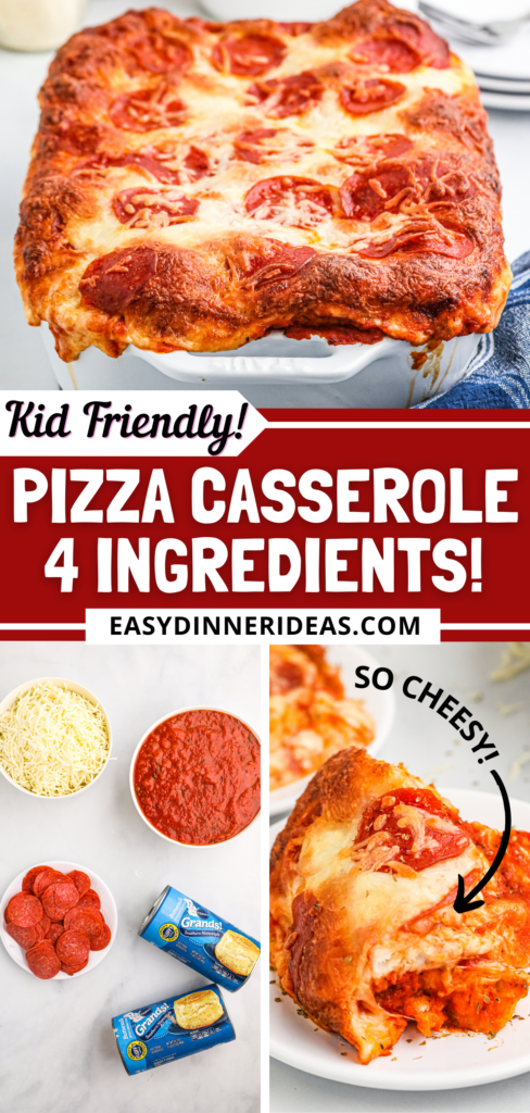 Pizza casserole in a white casserole dish, ingredients for casserole and a slice of casserole on a plate.