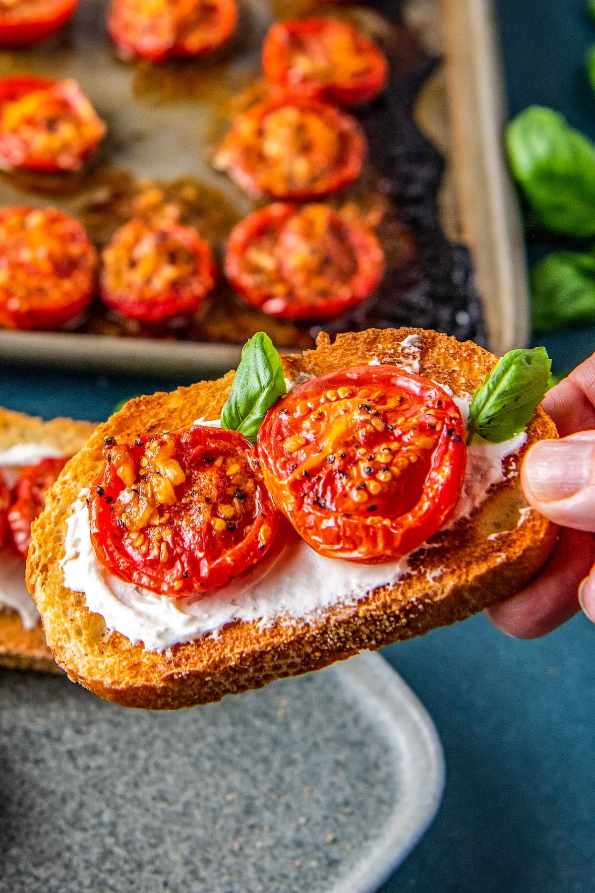 roasted seasoned tomatoes on a piece of toast