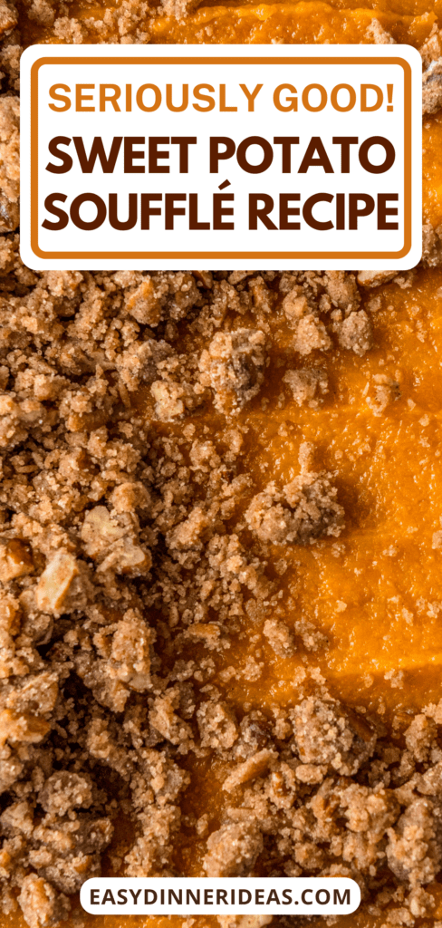 Brown sugar and pecan topping being added on top of sweet potato souffle.
