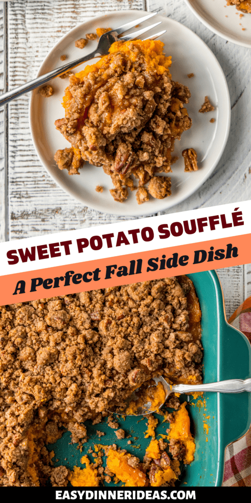 A plate of sweet potato souffle and sweet potato souffle in a serving dish with a spoon.