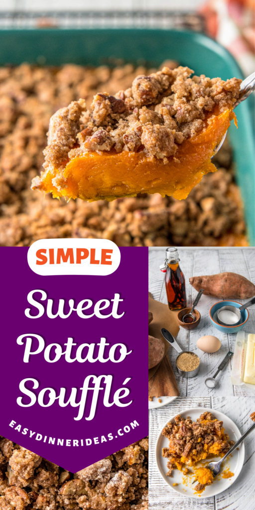 A spoon scooping up a serving of sweet potato casserole with pecan topping and a serving on a plate.