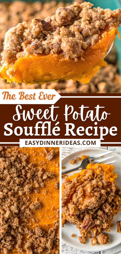 A spoonful of sweet potato souffle, up close image of souffle with crumble topping on top and a plate filled with a serving of sweet potato souffle.