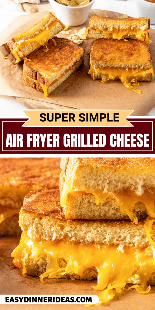 Four pieces of grilled cheese on a platter and a grilled cheese cut in half and stacked on top of each other.