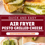 Pesto being spread on bread and an air fryer grilled cheese with pesto.