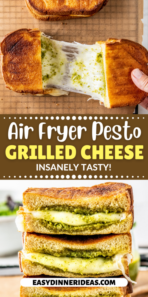 Pesto grilled cheese being pulled apart to see the cheesy center and stacked on top of each other.