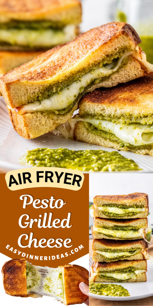 Pesto grilled cheese being pulled in half and then stacked on top of each other on a plate.