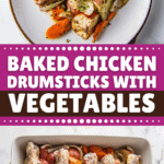 Roasted chicken drumstick on a plate with vegetables and raw chicken stacked on top of vegetables in casserole dish.