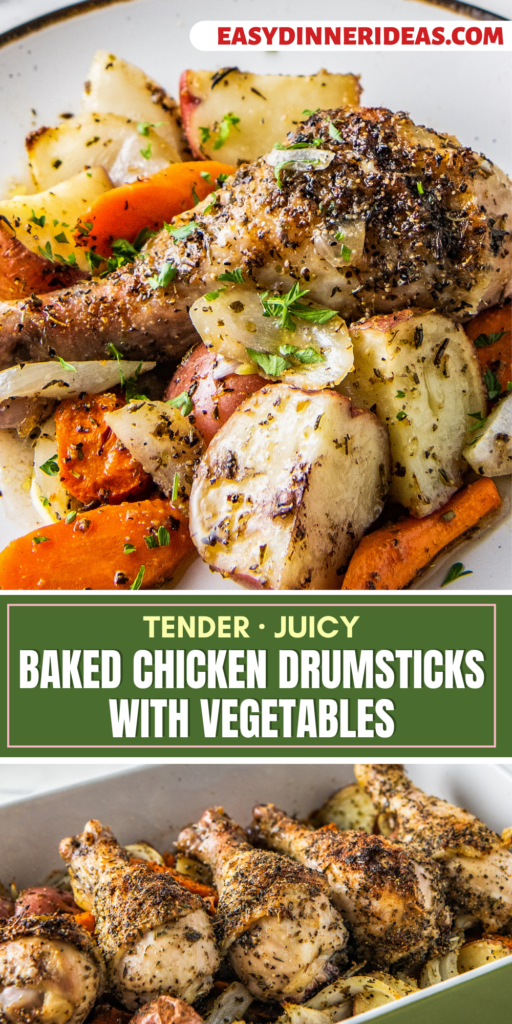 Seasoned and cooked chicken legs with roasted vegetables in a casserole dish and on a plate.