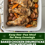 Roasted chicken drumsticks on top of a bed of vegetables and step by step images of chicken being prepped to cooked.