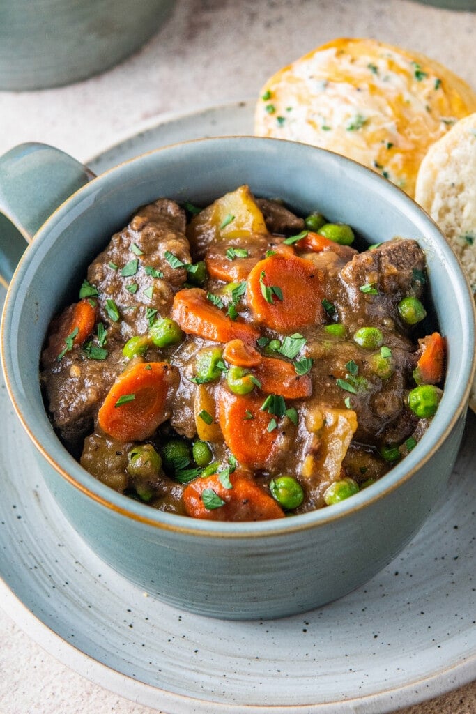 a bowl of beef stew with carrots and potatoes