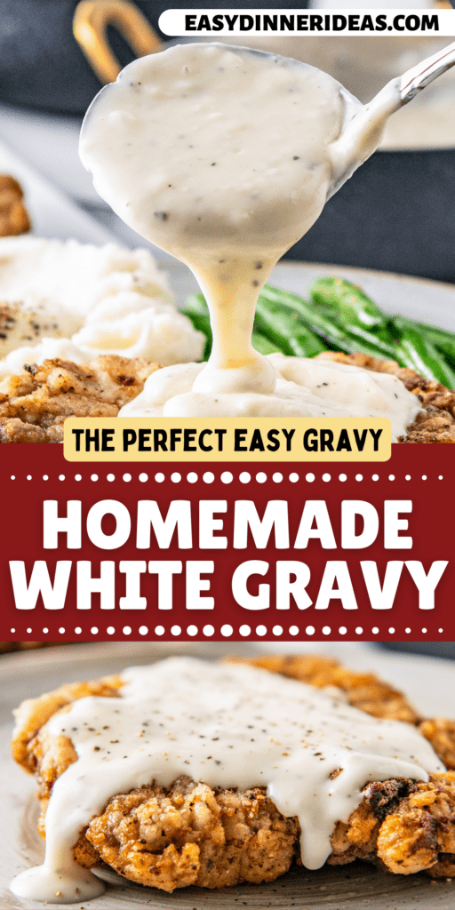 White gravy on a ladle being poured on top of fried meat on a plate.