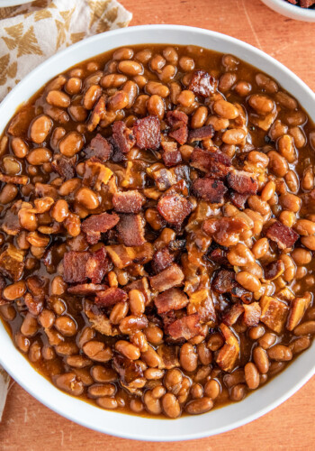 a big bowl of crockpot baked beans