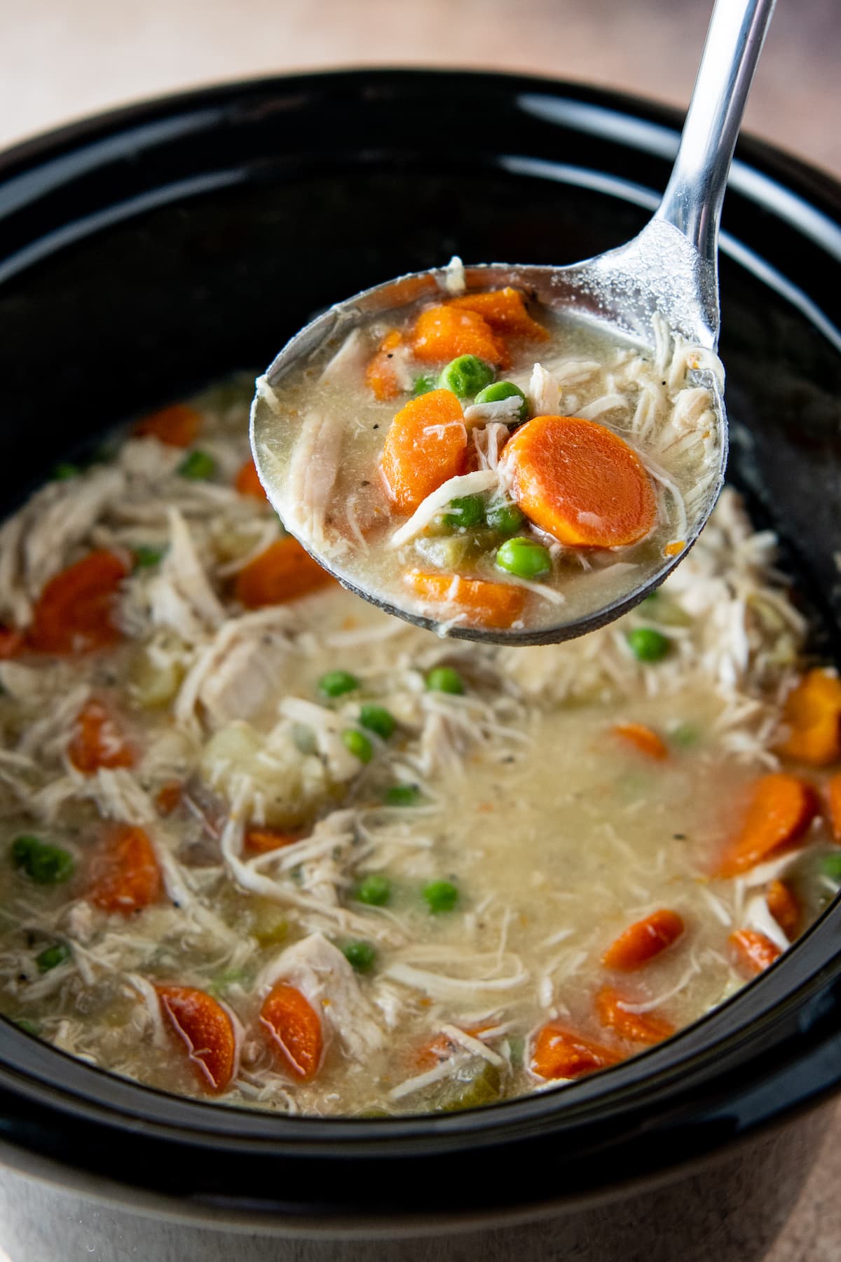 a ladle of chicken stew over a crockpot