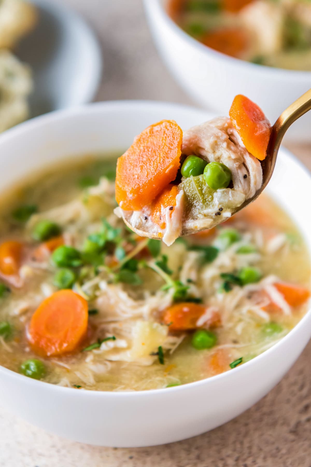 a spoon taking a bite of chicken stew out of a bowl