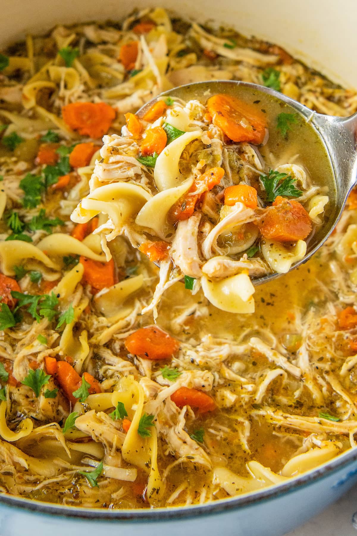 A pot filled with easy chicken noodle soup with egg noodles being served with a soup ladle.