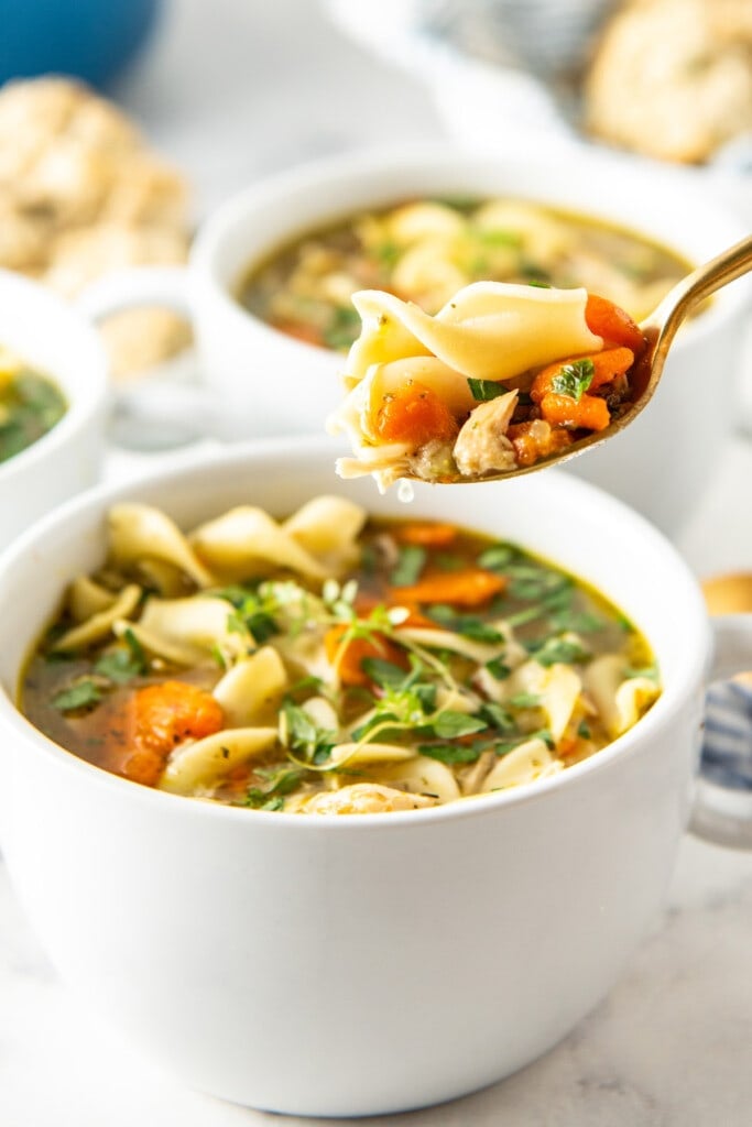 A bowl of soup with tender chicken, egg noodles, and vegetables with a spoon taking a bite.