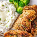 pan seared chicken breast, mashed potatoes, and broccoli