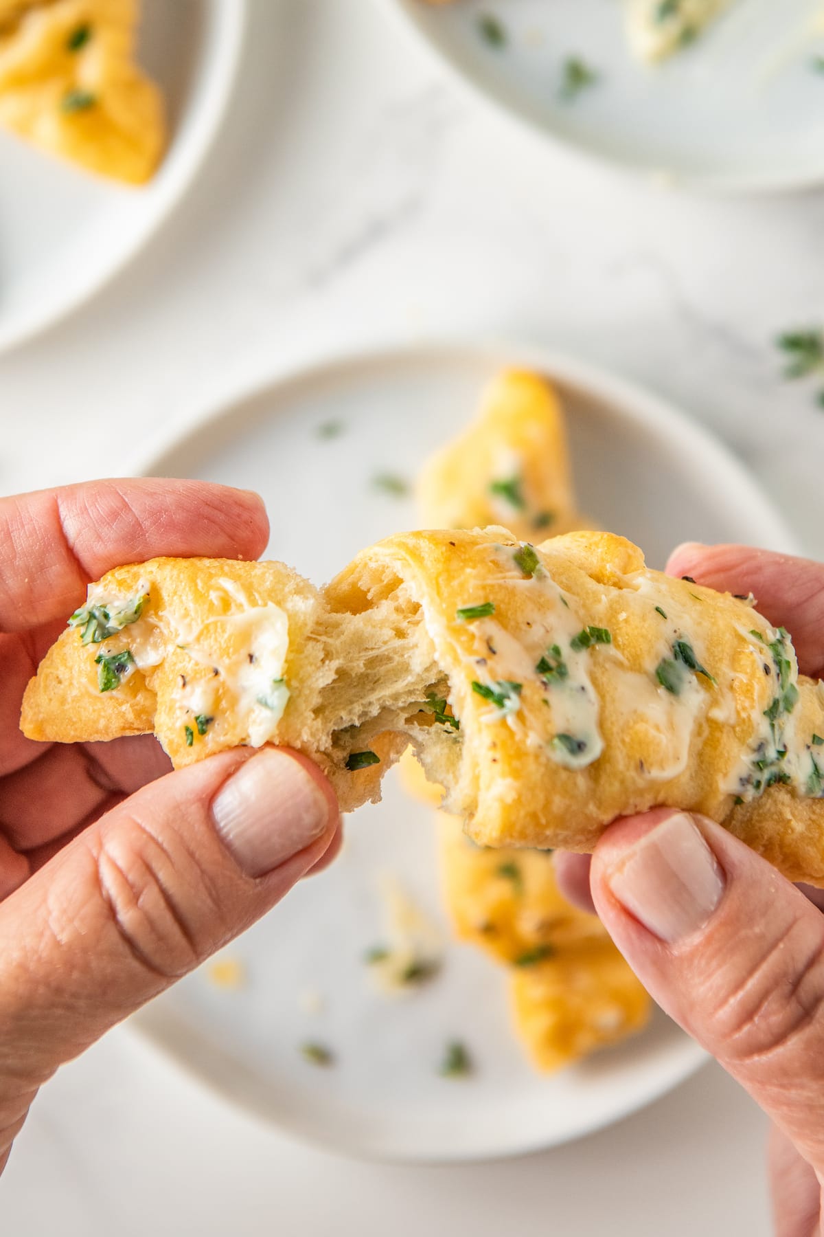 breaking apart an herb crescent roll