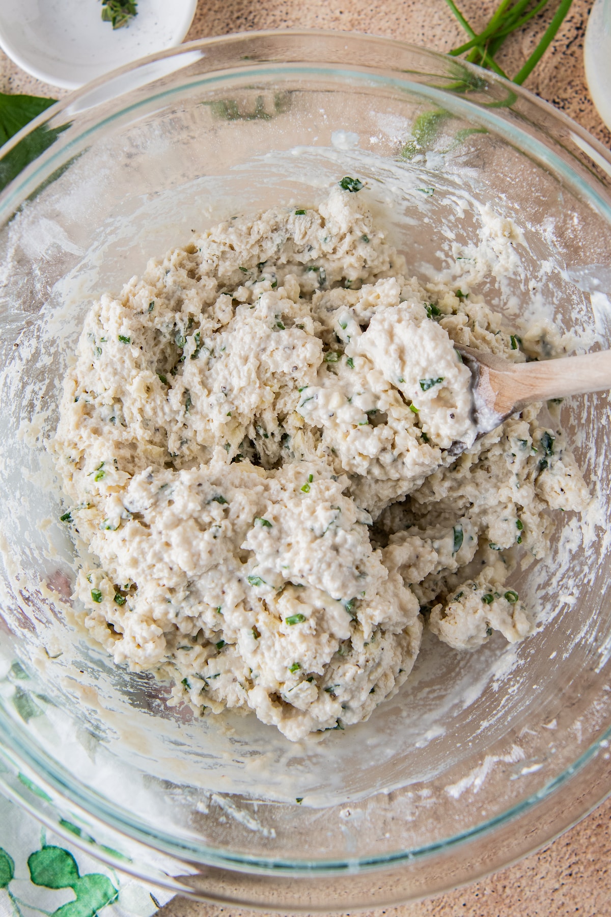 raw biscuit dough in a glass bowl