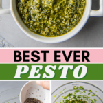 A bowl of fresh basil pesto and being made in a food processor.