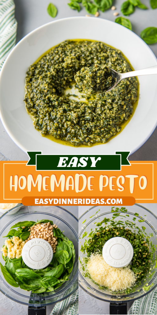Pesto in a bowl with a spoon and ingredients in a food processor and cheese being added to food processor.