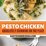 Sliced chicken with pesto on a plate and a fork picking up a bite of chicken.