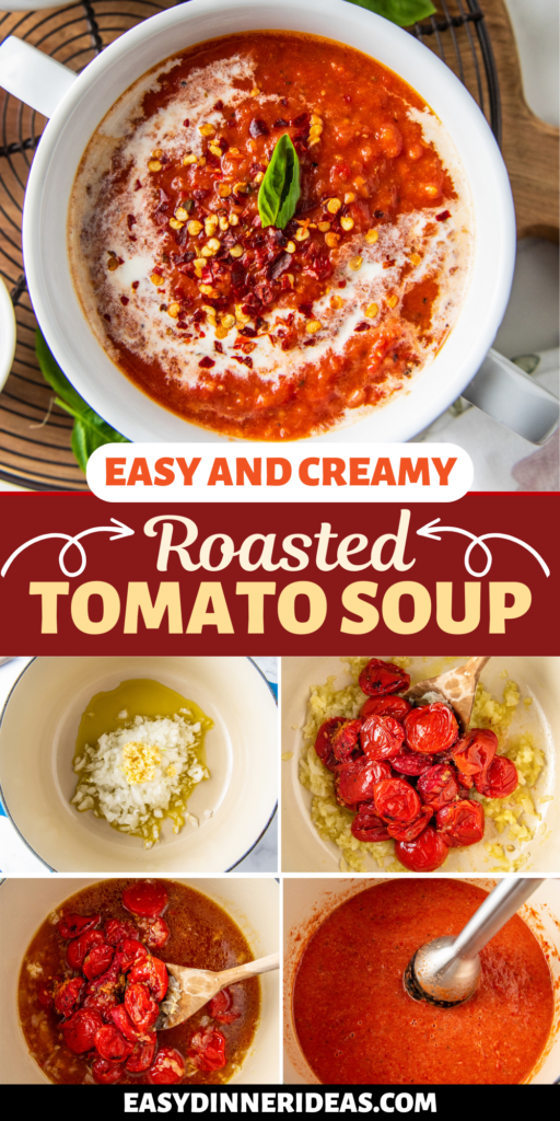 Roasted tomato soup in a bowl, and tomato soup being made in a pot and pureed with an immersion blender.