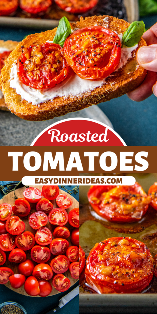 Two roasted tomatoes on a crostini, being sliced and roasted on a sheet pan.