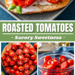 Roasted tomatoes on crostinis, whole tomatoes being sliced, in a bowl with olive oil, and roasted on a spatula.