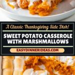 A plate with sweet potatoes with marshmallows on top and a casserole with sweet potatoes and marshmallows and a serving spoon scooping out a serving.