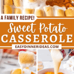 Sweet potato casserole with a serving spoon and sweetened condensed milk being poured into a bowl of mashed sweet potatoes.