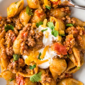 close up of a taco pasta dish with shells, tomato sauce, ground beef, and cheese