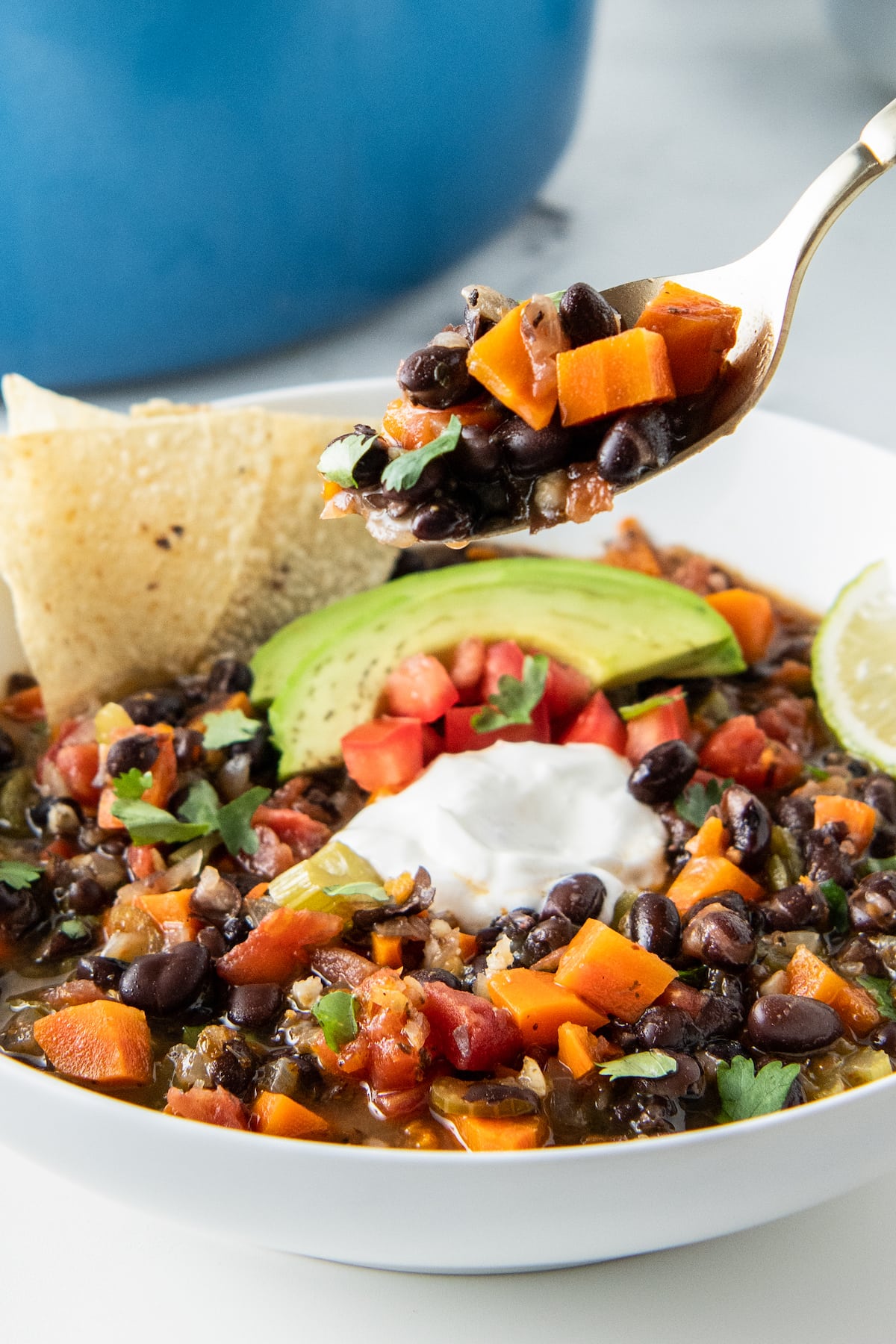 vegetable black bean soup with avocado and sour cream garnish