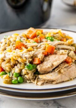 plate with chicken, rice, and vegetables
