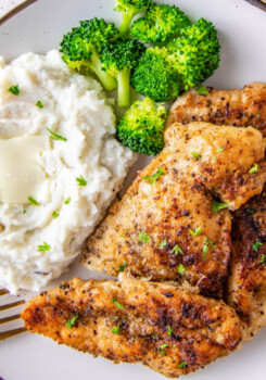 pan seared chicken breast, mashed potatoes, and broccoli