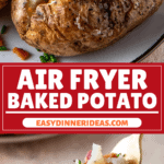 Baked potato sliced and stuffed with butter, sour cream and more.