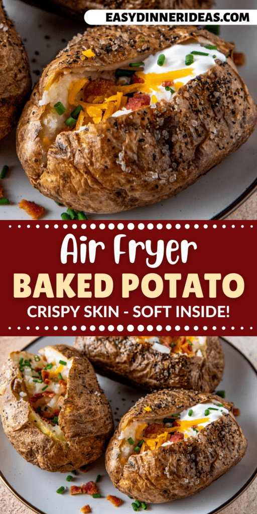 Air fryer baked potatoes sliced in half and stuffed with all the toppings.