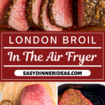 Air fryer London broil in an air fryer basket and on a plate sliced.