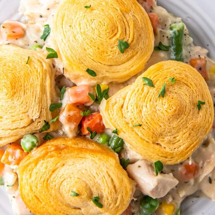 chicken pot pie casserole with crescent roll topping