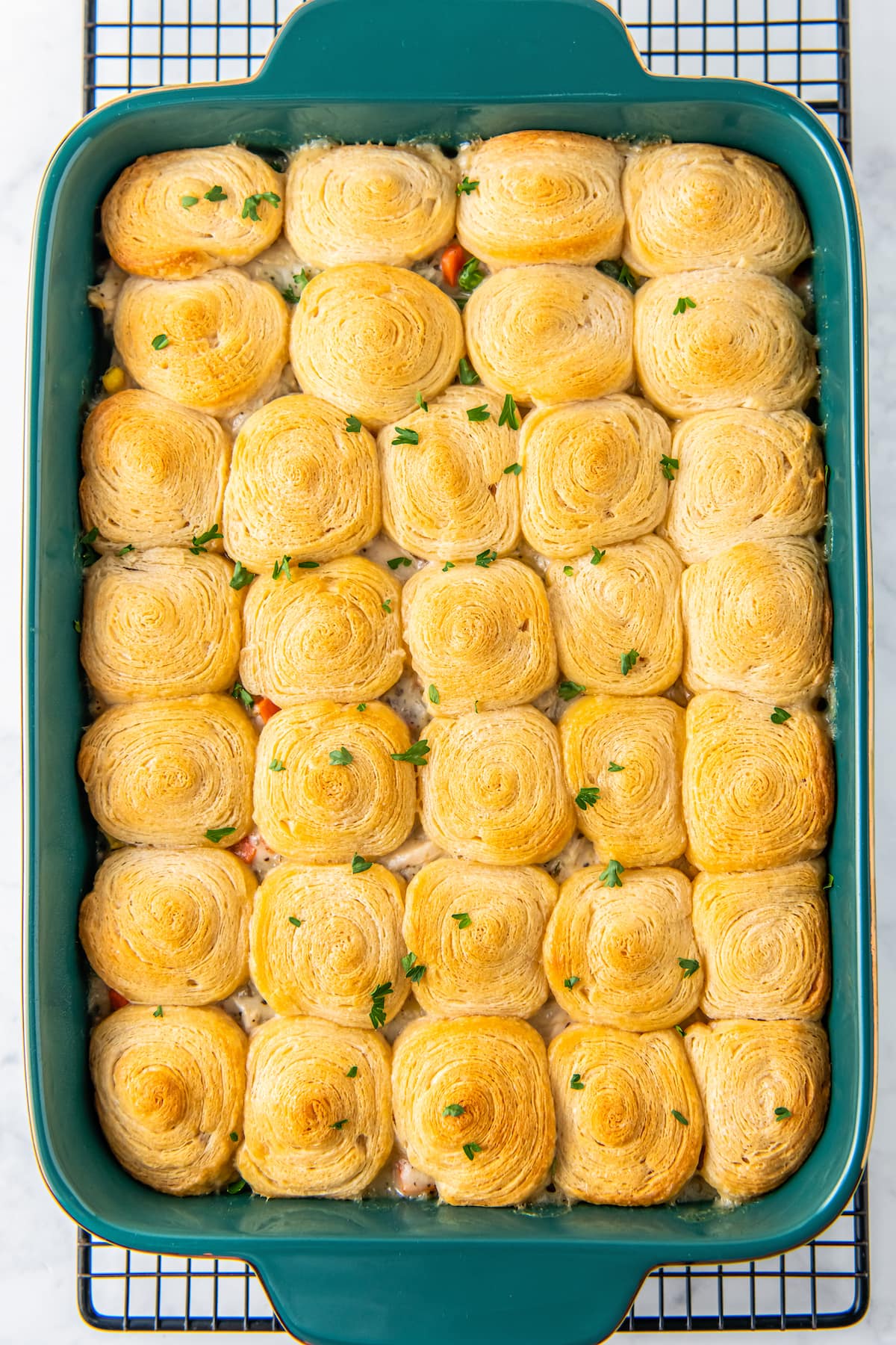 chicken pot pie casserole with crescent roll topping