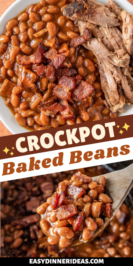 Beaked beans on a plate with shredded pork and a wooden spoon scooping up baked beans.