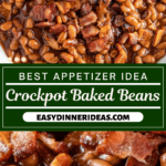 Baked beans with crispy bacon on top in a crockpot and a bowl.